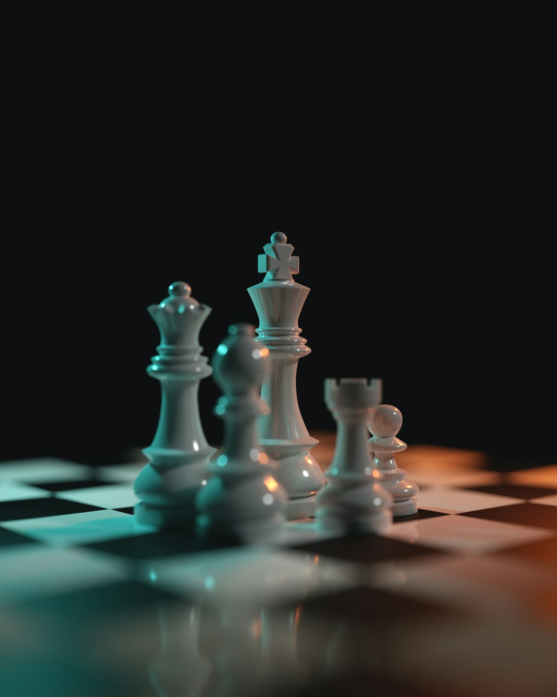 Black and white 3D chess pieces on a chess board